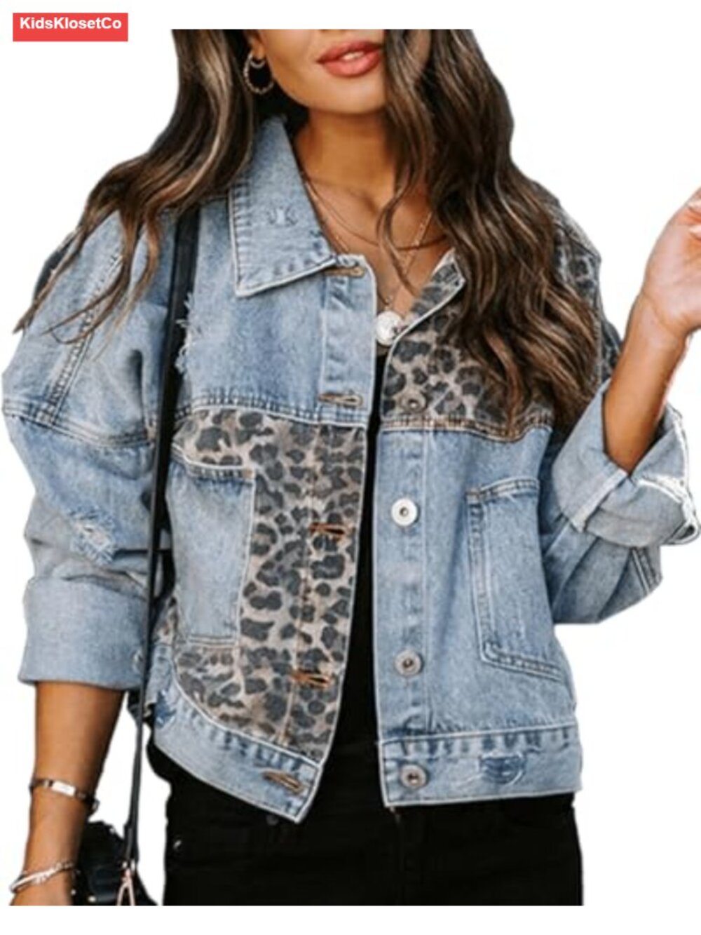 Washed Distressed Leopard Crop Denim Jean Jacket